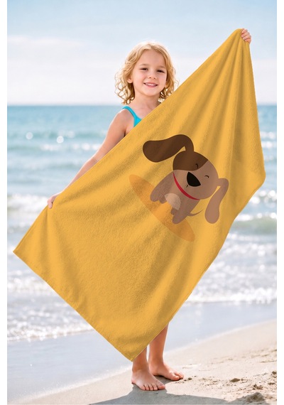 Sevimli Köpek Figürlü Çocuk Plaj Havlusu - Sarı Minimalist Unisex Hızlı Kuruyan Mikrofiber Havlu Kumlu Armut