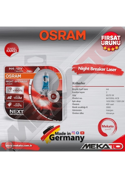 Osram Night Breaker Laser H4 Ampul Seti Sağ Ve Sol 2 Li