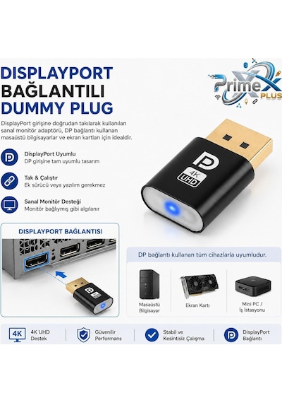 Primex Px-5261 Displayport 4k Uhd Display Dummy Plug, Dp Sanal Monitör Adaptörü, Ekran Kartı Emülatörü, Headless Display Emulator, Bitcoin Mining Ve Uzaktan Erişim İçin