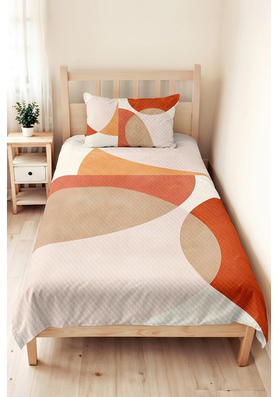 Turuncu Geometrik Genç Odası Tek Kişilik Pike Takımı - Modern Bej 160x220 Cm Kapitone Yatak Örtüsü Narin İpek Zemini