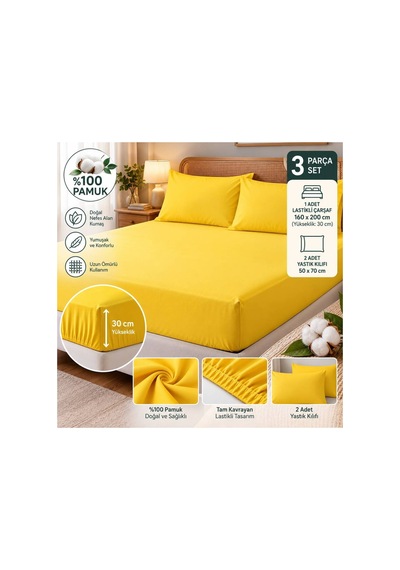 Slc Home %100 Pamuk Kumaş 160 X 200 Cm Lastikli Çarşaf 2li Yastık Kılıflı Dahil Çift Kişilik 3lü Set Sarı - 939639330 Sarı
