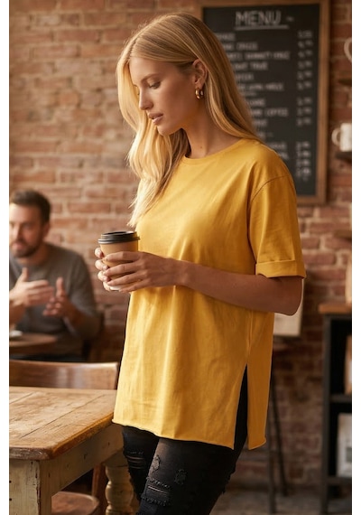 Armonika Kadın Sarı Yuvarlak Yaka Duble Kol Yanları Yırtmaçlı Pamuklu T-shirt Arm-26y137001 Armonika Kadın Sarı Yuvarlak Yaka Duble Kol Yanları Yırtmaçlı Pamuklu T-shirt Arm-26y137001