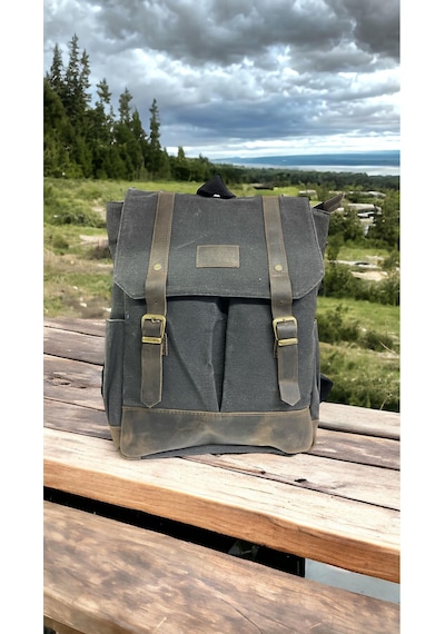 Old Cotton Cargo Kanvas Deri Su Geçirmez Unisex Laptop Bölmeli Gezi Okul Seyahat Kamp Sırt Çantası Siyah