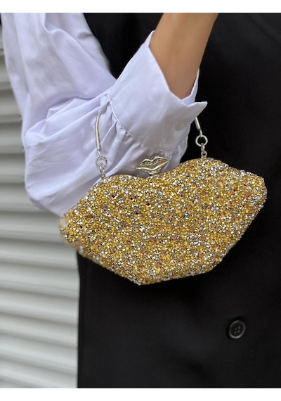 Çanta Trend Kristal Taşlı Uzun Ve El Tutma Askılı Abiye Çanta Gold