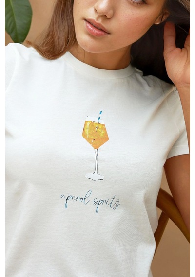 Hiccup Baskı Detaylı Regular Fit Bisiklet Yakalı %100 Pamuklu Crop T-shirt Beyaz