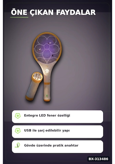 Bay Lityum Bataryalı Sinek Öldürücü Raket - El Feneri Ve Led Işıklı, 1 Adet Bx-313486 Najmaddin