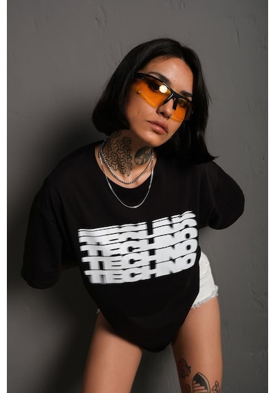 Technomonkey Unisex Siyah Oversize Techno Baskılı Tişört