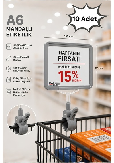 10 Adet - A6 Fiyatlık Mandallı Etiketlik Sepet Raf Askılık Fiyat Etiketi Çerçeveli Market Mağaza Gri
