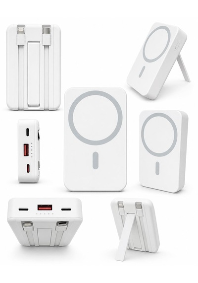 12.000mah 5w Mıknatıslı Powerbank Micro Type-c Şarjlı Hızlı Şarj Taşınabilir Standlı 4 Çıkış 3 Giriş 10w Hızlı Şarj Kablosuz Uyumlu Şarj Açık Gri