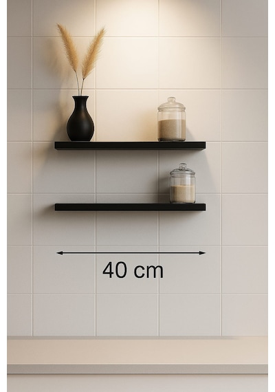 40 Cm 2li Mat Siyah Mdf Uçan Duvar Rafı Gizli Bağlantı Kitaplik
