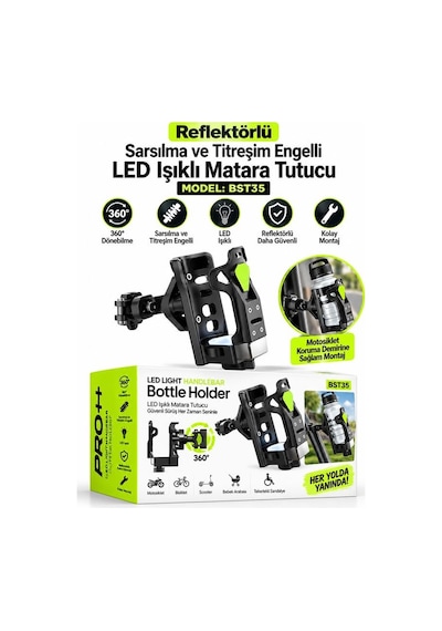 Reflektörlü Sarsıntı & Titreşim Engelli Led Işıklı Gidon Ve Koruma Demiri Bağlantılı Matara Tutucu Mavi - Siyah
