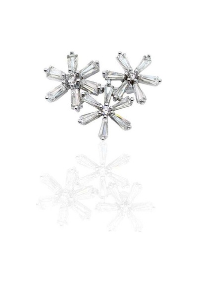 Oya Silver Üç Çiçekli Beyaz Baget Taşlı Gümüş Broş 2.5x2cm 61112603