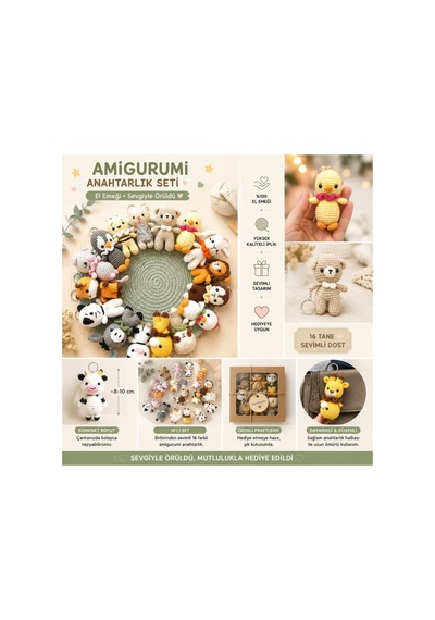 15'li Minik Amigurumi Hayvan Oyuncaklar 8cm El Örgüsüdür