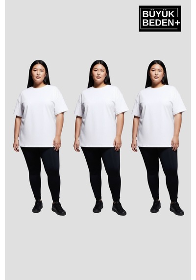 Superlife Büyük Beden Kadın Basic 3xl-6xl Bisiklet Yaka 3'lü Tişört Seti Spr26btsk510+3 Beyaz