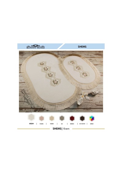 Shems Oval Krem 2'li Dantelli Ve Saçaklı Banyo Halısı Paspası Set Krem