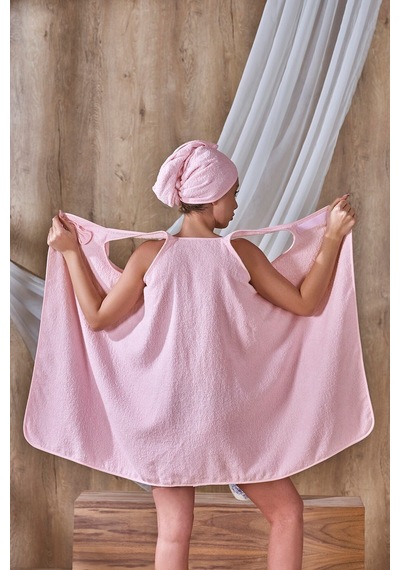Askılı Bornoz Ve Havlu Bone Bornoz Seti Sauna Seti Plaj Elbisesi Sabahlık Pembe