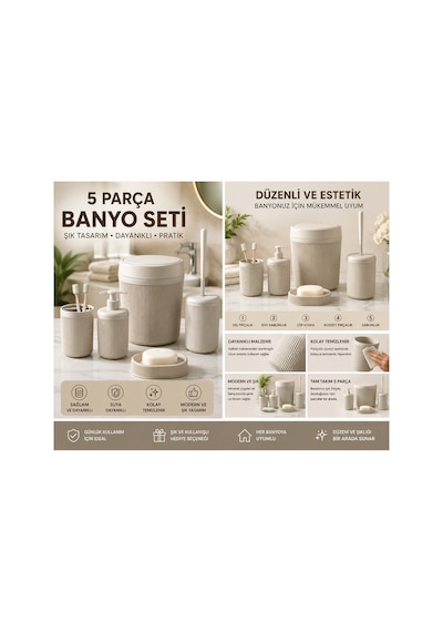 5 Parça Modern Çizgili Banyo Seti Çöp Kovası, Sıvı Sabunluk, Diş Fırçalık, Sabunluk Ve Klozet Fırçası Ekru