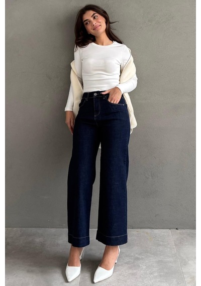 Lacivert Düz Kesim Geniş Paça Kadın Flared Jean Mg2630 Lacivert