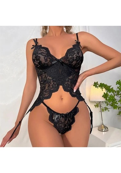 E-bulurum Kadın Özel Tasarım Arkadan Bağcıklı Siyah Jartiyer Takım