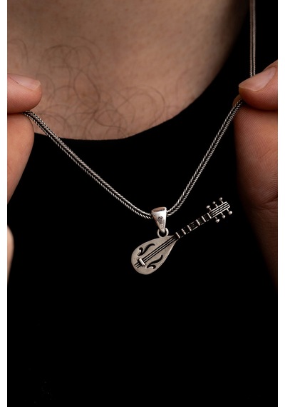 Erkek Gümüş Kolye - Gümüş Bağlama Saz Erkek Erkek Kolye
