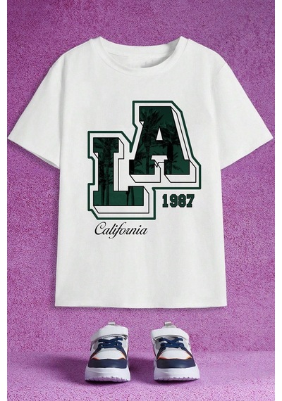 Uyguntarz Çocuk California Baskılı Pamuklu Tshirt Beyaz
