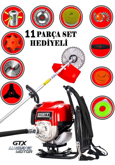 Eisenn Germany SRT-11 Krieger Sırt Tipi Benzinli Ot Çalı Çim Biçme Tırpanı + 11 Parça Full Set Halı Yıkamalı