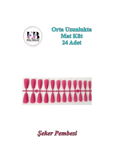 24 Adet Renkli Orta Uzun Küt Takma Tırnak 1135 Şeker Pembesi