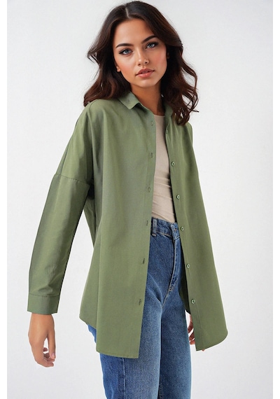 Hiccup Bdart Oversize Uzun Kollu Poplin Gömlek Haki Yeşil 13