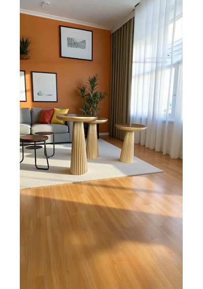 Modern Altın Varak Detaylı Doğal Ahşap Mantar Yan Sehpa 3 Lü Set