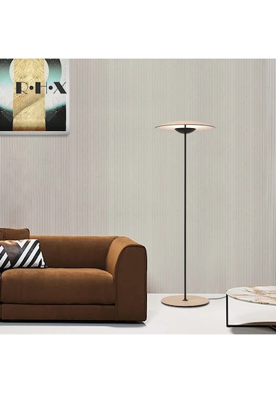 Lunera Disk Başlıklı Lambader Minimal Modern Tasarım, Siyah / Krom / Gold Gövde Krem - Siyah