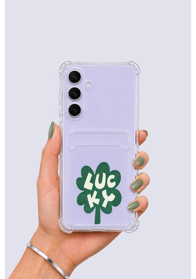 Samsung Uyumlu Galaxy S25 Fe Kartlıklı Lucky Yonca Desenli Kılıf Yeşil