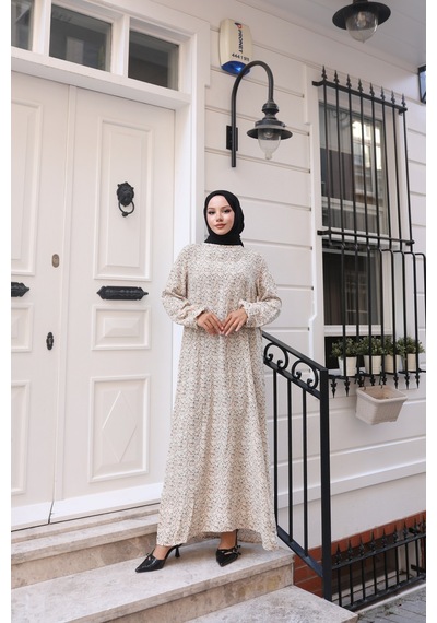 Nevayla Moda Çiçek Desenli Viskon Elbise - Bej / E0128 Bej