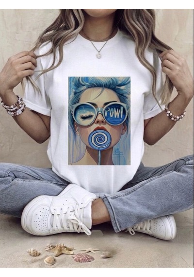 Kadın Beyaz Oversize Pop Art Baskılı T-shirt Pow Tasarımlı Beyaz