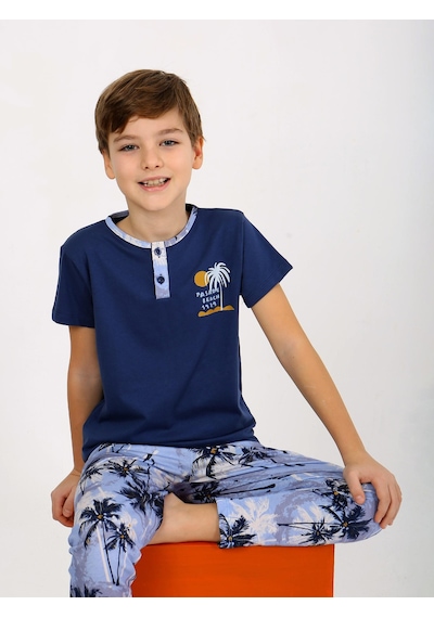 Vitmo Erkek Çocuk Kısa Kollu Düğme Detaylı %100 Pamuklu Pijama Takımı The Palm Lacivert
