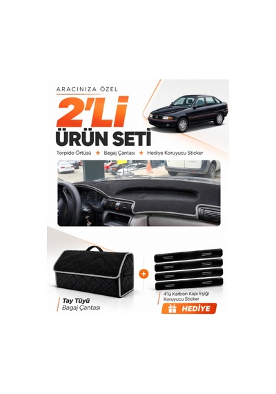 Opel Astra F Aırbagsız 1991-1997 Uyumlu Torpido Örtüsü + Tay Tüyü Bagaj Çantası Seti - Siyah Gri