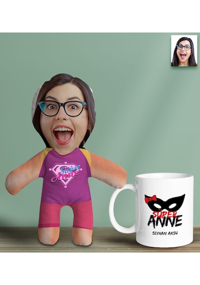Bk Gift Kişiye Özel Fotoğraflı Pembe Süper Anne Bebek Yastık Ve Kupa Bardak Hediye Seti-6, Anneye Hediye, Anneler Günü Hediyeleri Kobitmeyencom30631 B