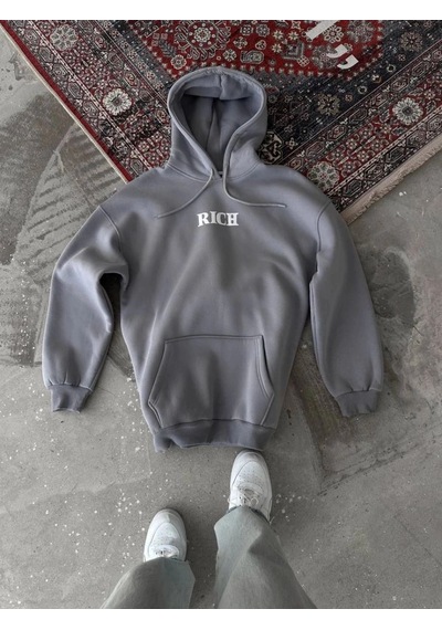 Freedom Store Kadın Kapüşonlu Kanguru Cepli Sweatshirt 3 İplik Pamuklu Baskılı Hoodie - Gri