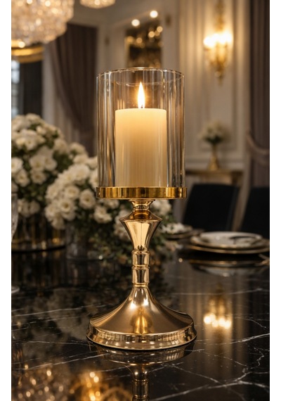 Lumina Gold Royale Şamdan Seti Sırasıyla 39 - 34 - 29cm / Dekoratif Masa Şamdanı Salon & Yemek Masası Mumluk Eskitme Gold