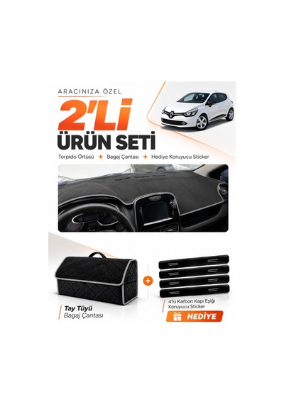 E-biz Renault Clıo 4 2012-2019 Uyumlu Torpido Örtüsü + Tay Tüyü Bagaj Çantası - Siyah-gri - Re018