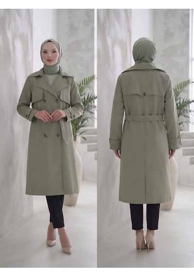 B.he.z Kruvaze Yaka Bondik Su İtici Kumaş Astarlı Trend Model Diz Altı Trençkot Mint Yeşil