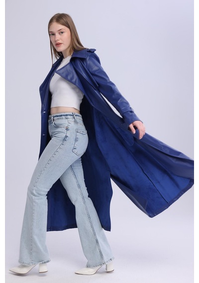 Selectmoda Kadın Kemerli Kruvaze Uzun Kaban Lacivert