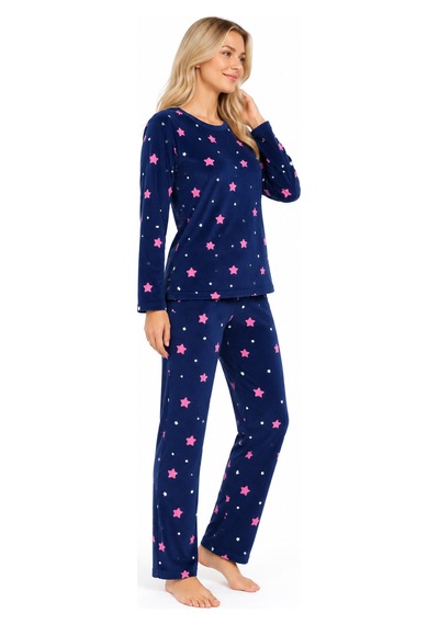 Sleeeproom Kadın Süet Mevsimlik Yıldız Desen Lacivert Pijama Takımı