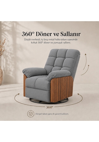 Smarto Relax Porto Tv Koltuğu Elektrikli Masajlı Isıtmalı Döner Sallanan Ahşap Yan Panelli Polyester Kumaş Baba Koltuğu Gri