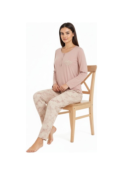 Üstü Yazılı Altı Çiçek Desenli Elite Viscose Uzun Pijama Takımı Pudra 3564 Pembe