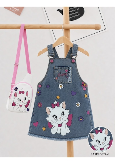 Nota Kids Kız Çocuk Kedi Baskılı Kot Jile Elbise Çantalı Denim Askılı Günlük Elbise 3-8yaş Mavi