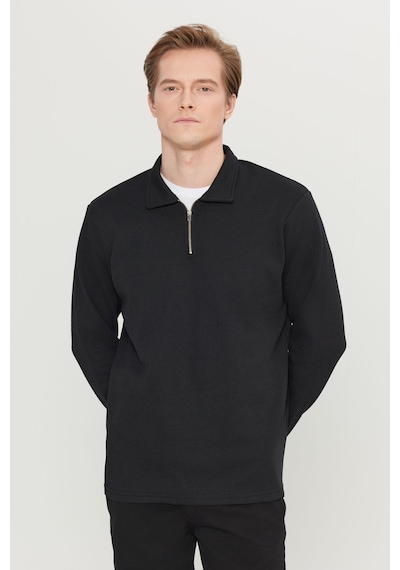 AC&Co / Altınyıldız Classics Erkek Sıyah Pamuklu Standart Fit Normal Kesim Polo Yaka Sweatshirt Siyah
