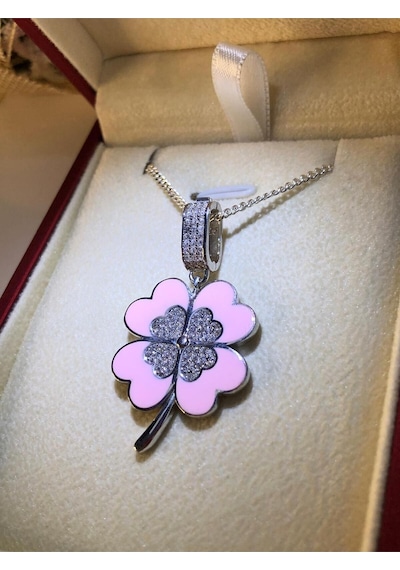 Yonca Kolye Pembe Mineli 925 Ayar Gümüş Sevgiliye Eşe Anneye Arkadaşa İyi Şans Kolyesi