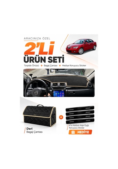 E-biz Mazda 3 2003-2009 Uyumlu Torpido Örtüsü + Deri Bagaj Çantası Seti - Siyah-bej - Ma001