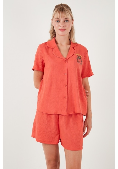 Lela Gömlek Yaka Beli Lastikli Kısa Kollu Şortlu Bayan Pijama Takımı 611Pt00065 Mercan