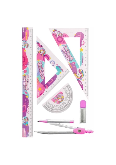 Unicorn Cetvel Takımı 30 Cm 1 Paket Metal Pergel Cetvel Gönye İletki Şeffaf Çizim Takımı Pergelli Çizim Seti 4 Parça Çok Renkli